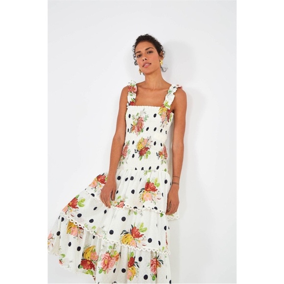 Farm Rio Nanaju Midi Polka Dot Floral Tiered‎ Swiss Dot Dress Smocked Medium - Picture 3 of 10